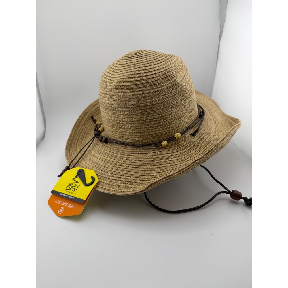 Sunday Afternoons Havana Hat Tan Straw UPF 50+ Sun Hat Beaded Cord Large NWT